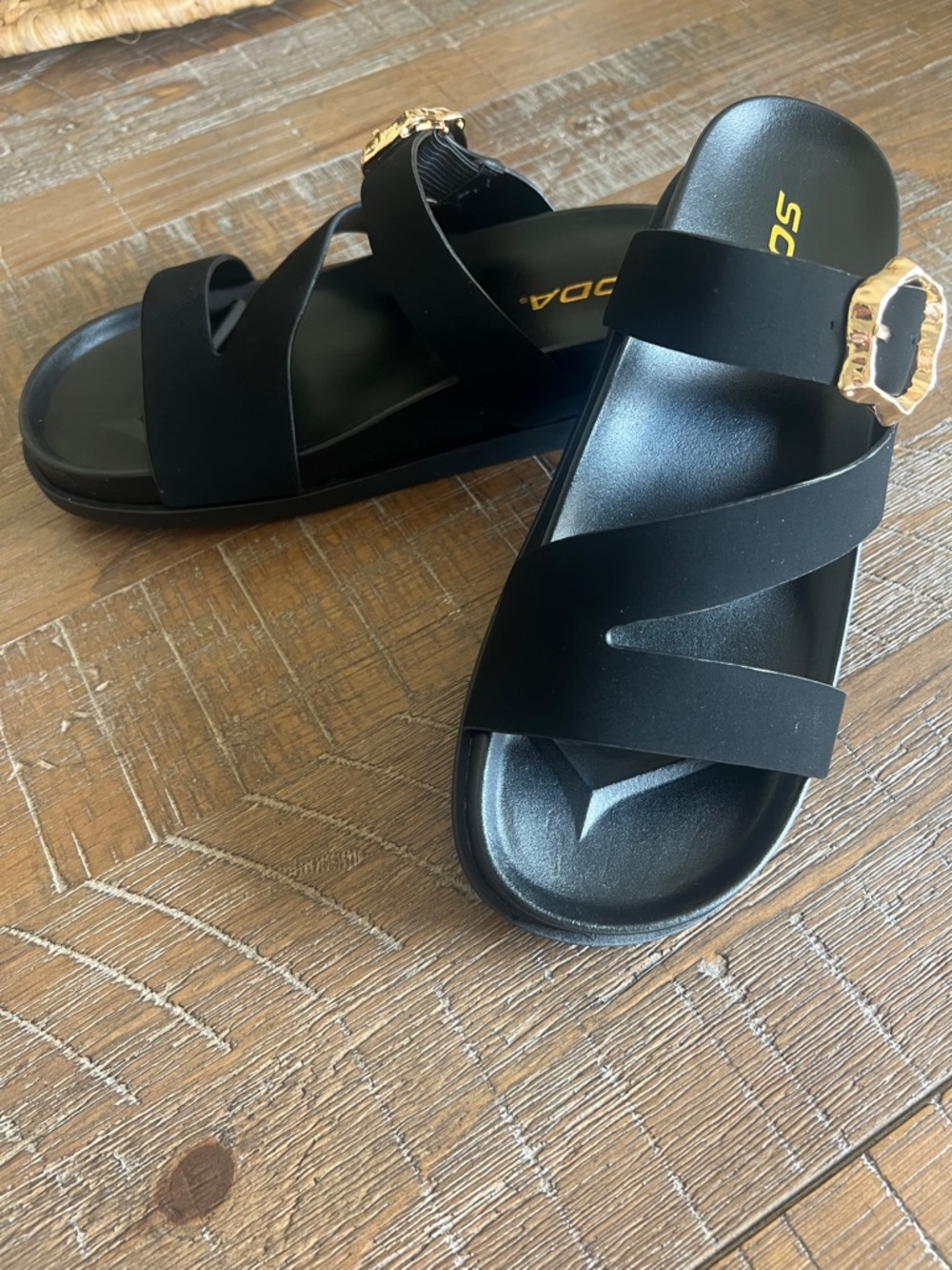 Soda Black Slide Sandals with Gold Buckle Accent